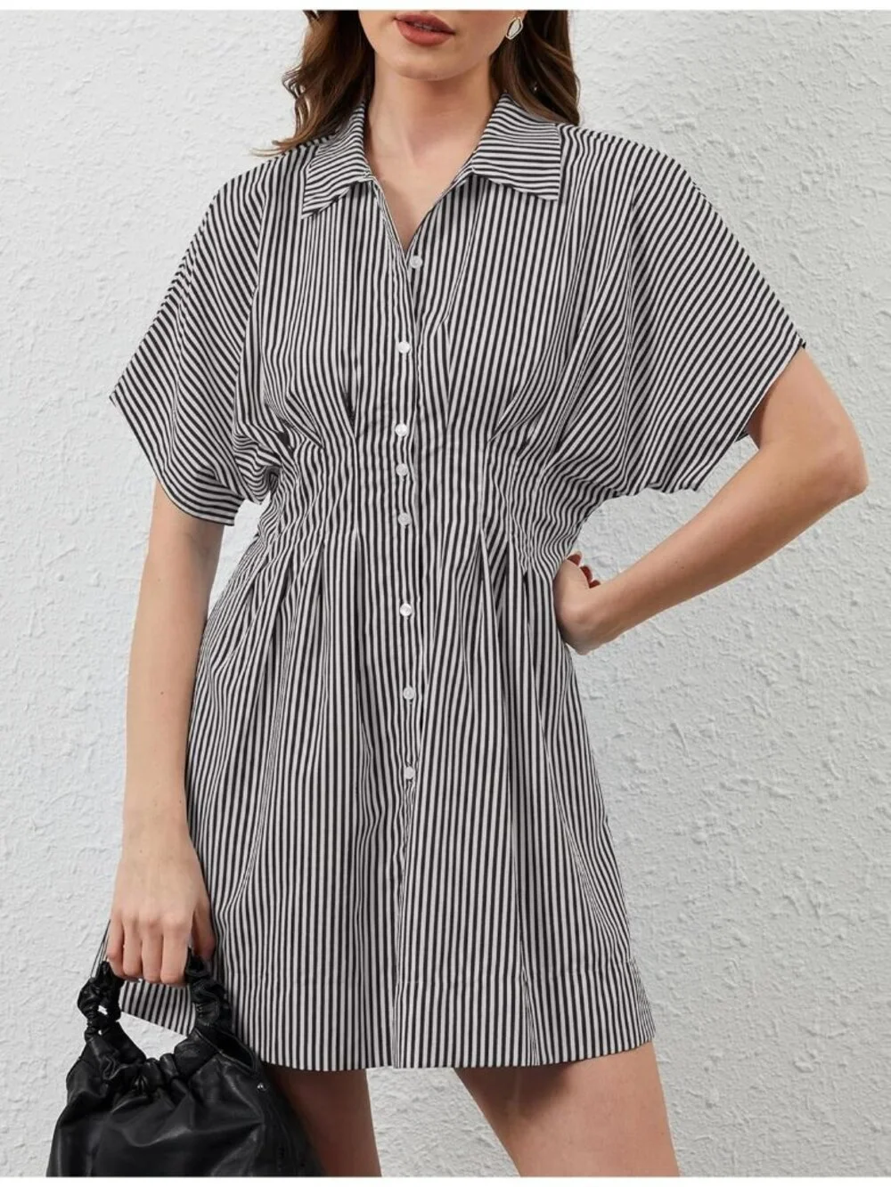 Women's Striped Black Down Short Sleeve Causal A Line Flowy Pleated Mini Dress - Picture 4 of 6